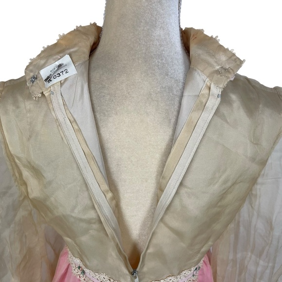Vintage 60s 70s Empire Gown White Pink Organza Lace Ribbon Trim Formal Dress - Picture 12 of 16